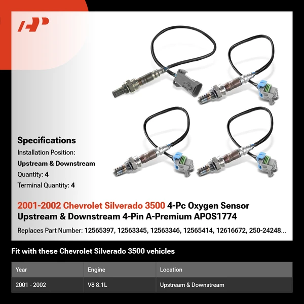 2001-2002 Chevrolet Silverado 3500 4-Pc Oxygen Sensor Upstream & Downstream 4-Pin A-Premium APOS1774