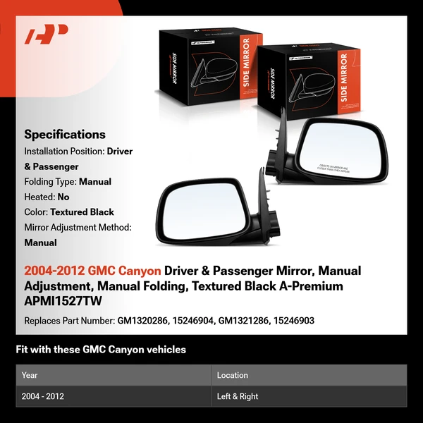 2004-2012 GMC Canyon Driver & Passenger Mirror, Manual Adjustment, Manual Folding, Textured Black A-Premium APMI1527TW