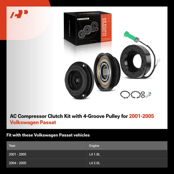 AC Compressor Clutch Kit with 4-Groove Pulley for 2001-2005 Volkswagen Passat