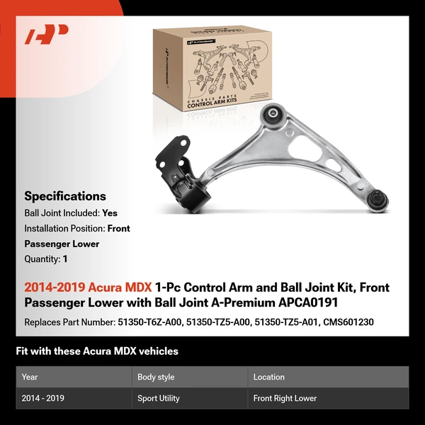 2014-2019 Acura MDX 1-Pc Control Arm and Ball Joint Kit, Front Passenger Lower with Ball Joint A-Premium APCA0191