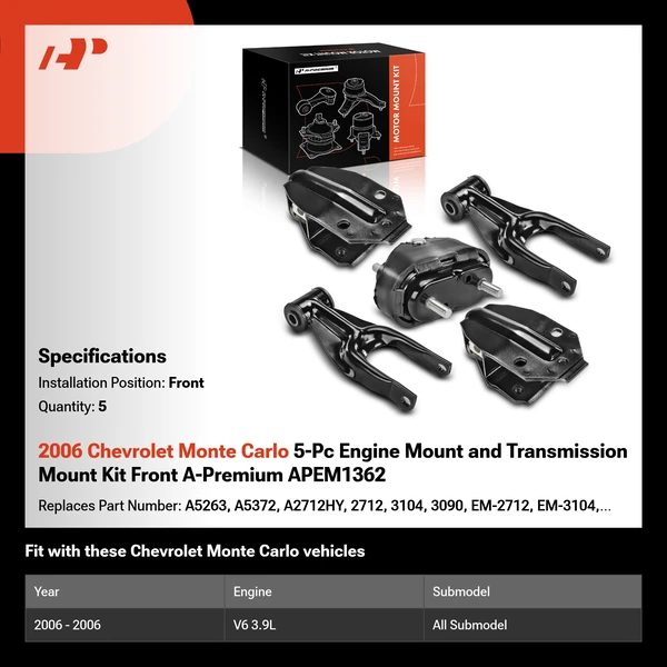 2006 Chevrolet Monte Carlo 5-Pc Engine Mount and Transmission Mount Kit Front A-Premium APEM1362
