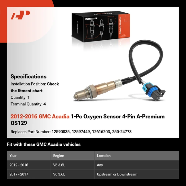2012-2016 GMC Acadia 1-Pc Oxygen Sensor 4-Pin A-Premium OS129