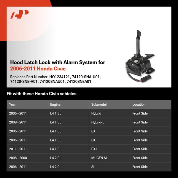 Hood Latch Lock with Alarm System for 2006-2011 Honda Civic