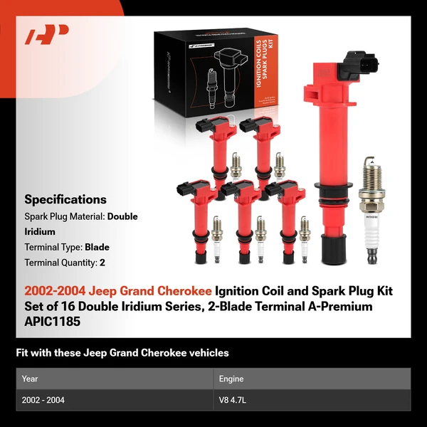2002-2004 Jeep Grand Cherokee Ignition Coil and Spark Plug Kit Set of 16 Double Iridium Series, 2-Blade Terminal A-Premium APIC1185