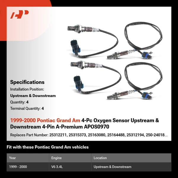 1999-2000 Pontiac Grand Am 4-Pc Oxygen Sensor Upstream & Downstream 4-Pin A-Premium APOS0970