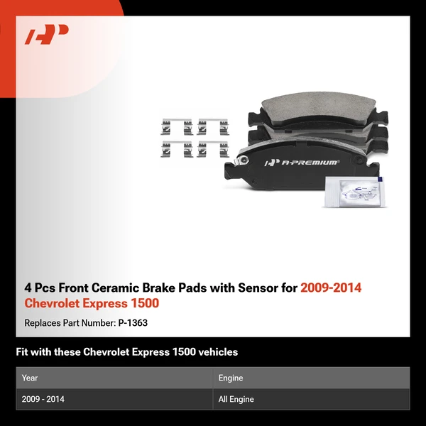 4 Pcs Front Ceramic Brake Pads with Sensor for 2009-2014 Chevrolet Express 1500