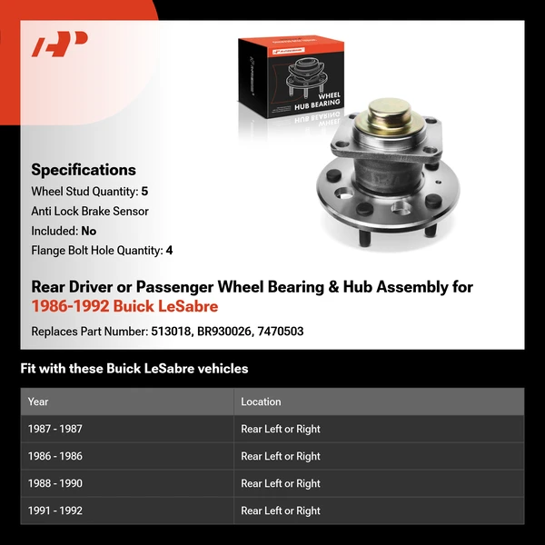 Rear Driver or Passenger Wheel Bearing & Hub Assembly for 1986-1992 Buick LeSabre