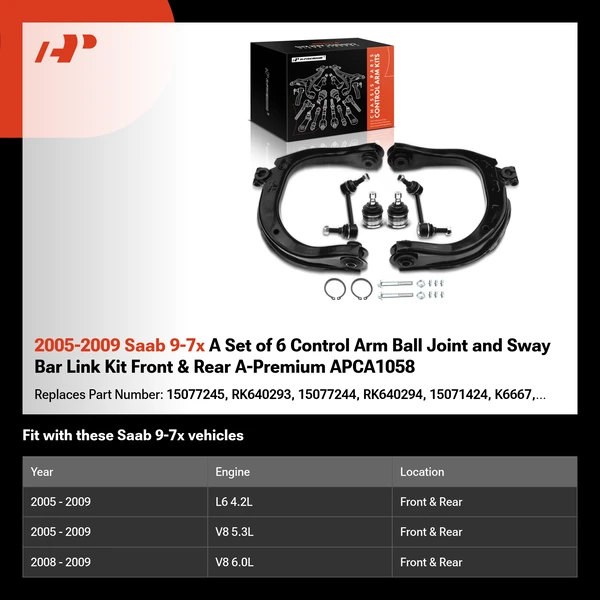 2005-2009 Saab 9-7x A Set of 6 Control Arm Ball Joint and Sway Bar Link Kit Front & Rear A-Premium APCA1058