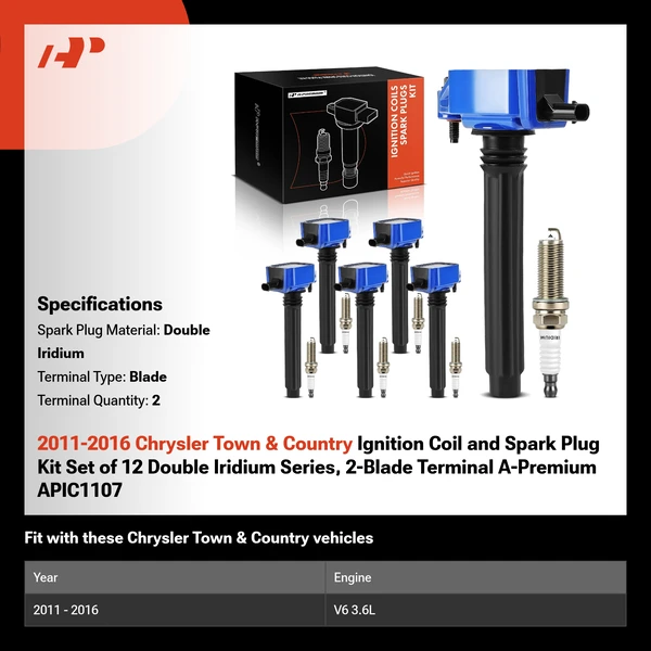 2011-2016 Chrysler Town & Country Ignition Coil and Spark Plug Kit Set of 12 Double Iridium Series, 2-Blade Terminal A-Premium APIC1107