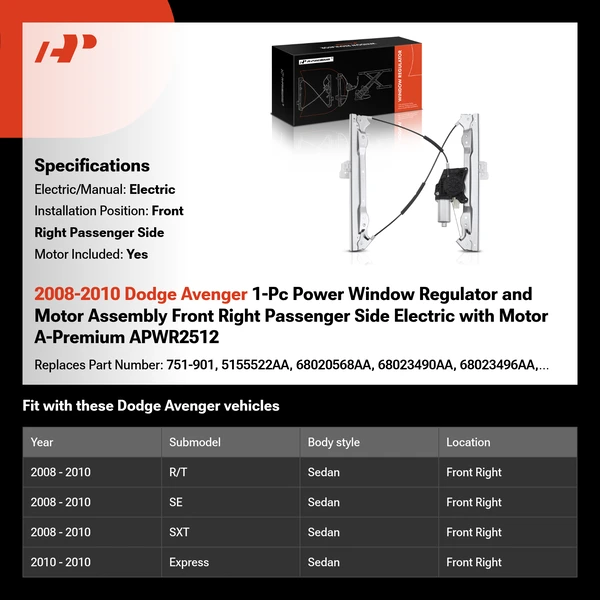 2008-2010 Dodge Avenger 1-Pc Power Window Regulator and Motor Assembly Front Right Passenger Side Electric with Motor A-Premium APWR2512