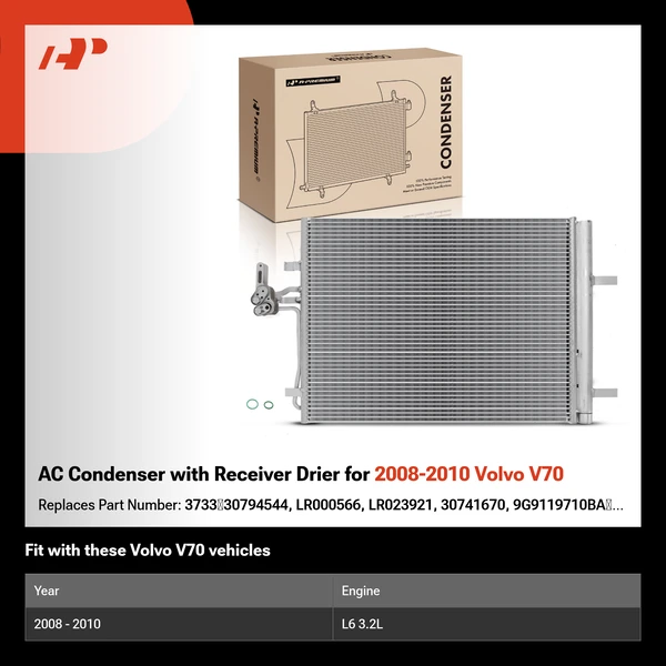 AC Condenser with Receiver Drier for 2008-2010 Volvo V70