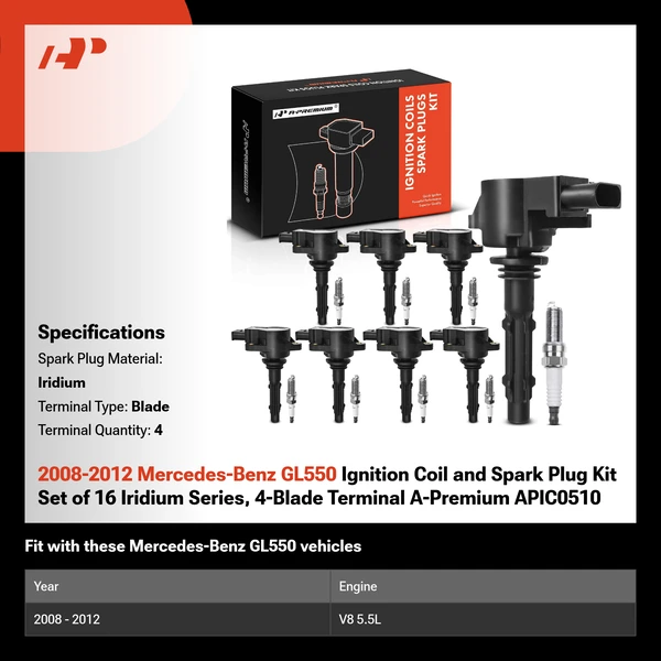 2008-2012 Mercedes-Benz GL550 Ignition Coil and Spark Plug Kit Set of 16 Iridium Series, 4-Blade Terminal A-Premium APIC0510