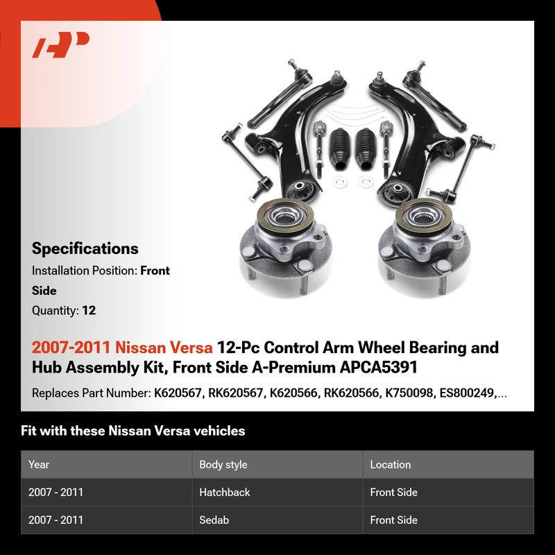 2007-2011 Nissan Versa 12-Pc Control Arm Wheel Bearing and Hub Assembly Kit, Front Side A-Premium APCA5391