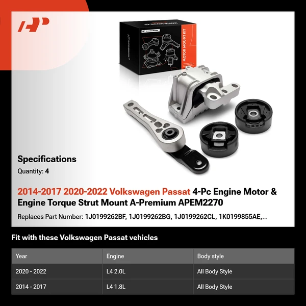 2014-2017 2020-2022 Volkswagen Passat 4-Pc Engine Motor & Engine Torque Strut Mount A-Premium APEM2270