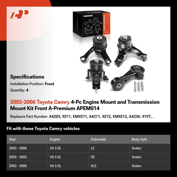 2002-2006 Toyota Camry 4-Pc Engine Mount and Transmission Mount Kit Front A-Premium APEM014