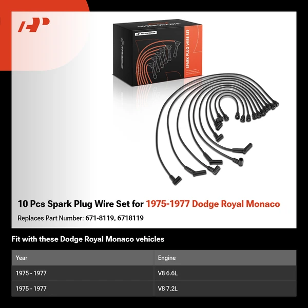 10 Pcs Spark Plug Wire Set for 1975-1977 Dodge Royal Monaco