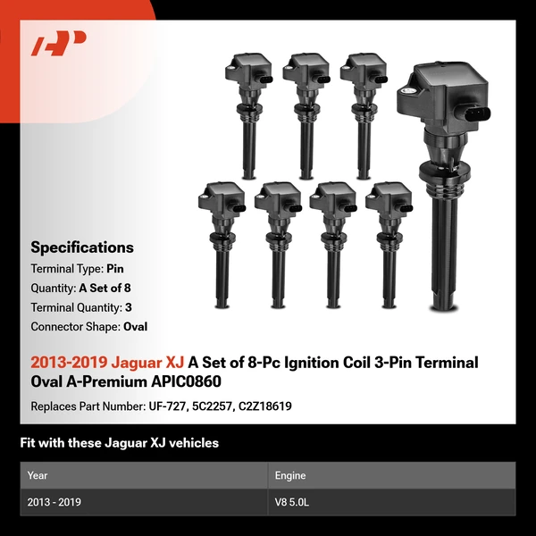 2013-2019 Jaguar XJ A Set of 8-Pc Ignition Coil 3-Pin Terminal Oval A-Premium APIC0860