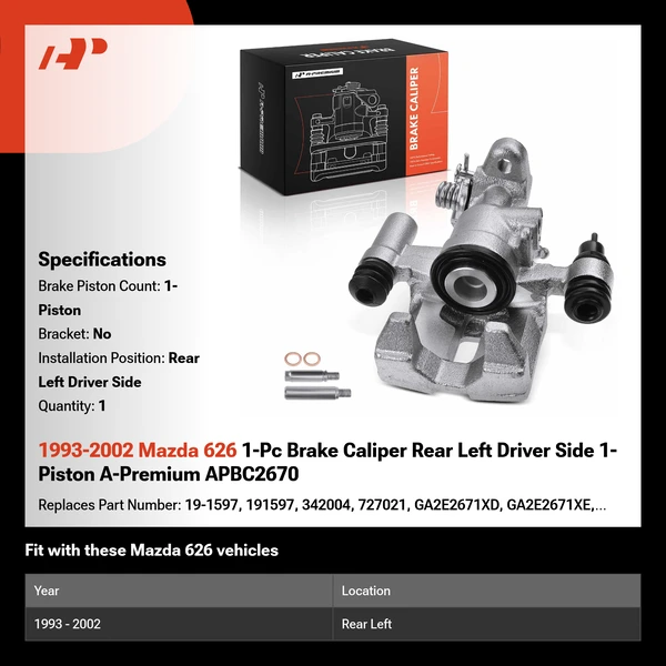 1993-2002 Mazda 626 1-Pc Brake Caliper Rear Left Driver Side 1-Piston A-Premium APBC2670