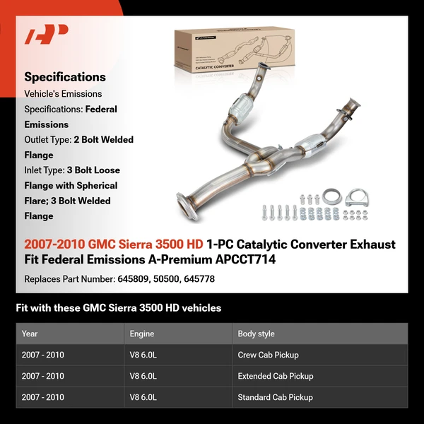 2007-2010 GMC Sierra 3500 HD 1-PC Catalytic Converter Exhaust Fit Federal Emissions A-Premium APCCT714