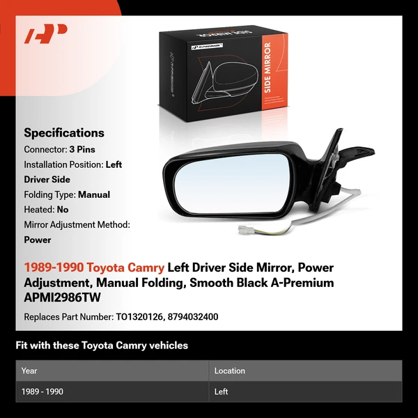 1989-1990 Toyota Camry Left Driver Side Mirror, Power Adjustment, Manual Folding, Smooth Black A-Premium APMI2986TW