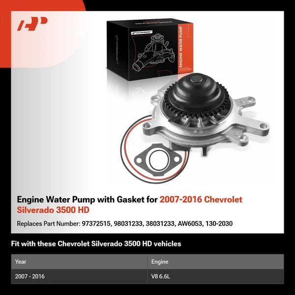 Engine Water Pump with Gasket for 2007-2016 Chevrolet Silverado 3500 HD
