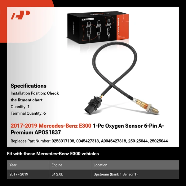2017-2019 Mercedes-Benz E300 1-Pc Oxygen Sensor 6-Pin A-Premium APOS1837