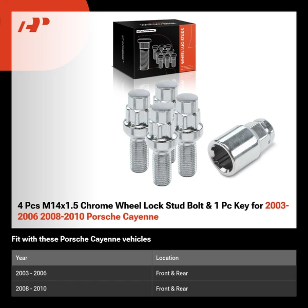 4 Pcs M14x1.5 Chrome Wheel Lock Stud Bolt & 1 Pc Key for 2003-2006 2008-2010 Porsche Cayenne