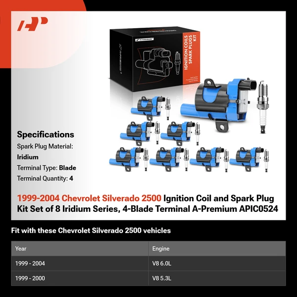 1999-2004 Chevrolet Silverado 2500 Ignition Coil and Spark Plug Kit Set of 8 Iridium Series, 4-Blade Terminal A-Premium APIC0524