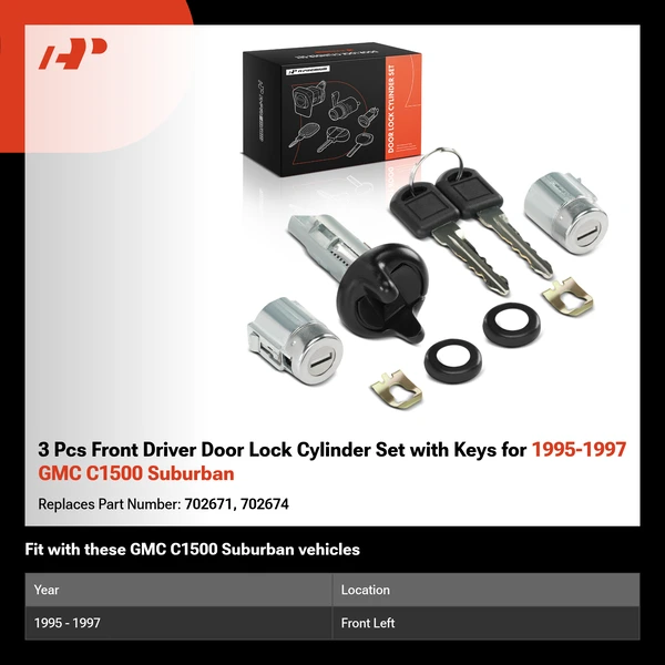 3 Pcs Front Driver Door Lock Cylinder Set with Keys for 1995-1997 GMC C1500 Suburban