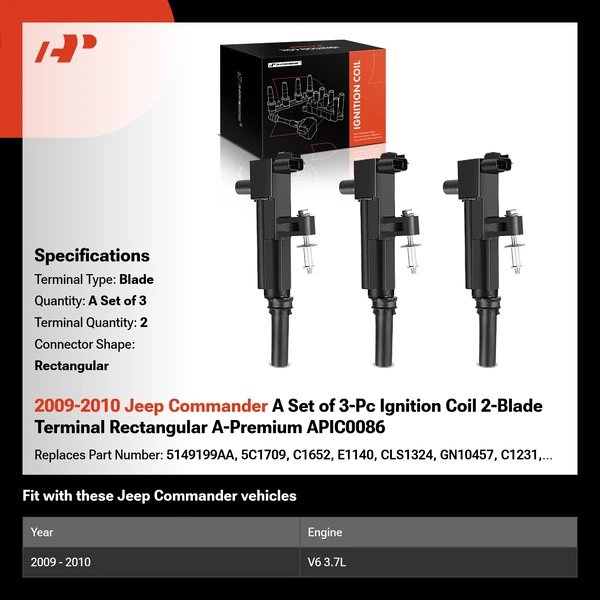 2009-2010 Jeep Commander A Set of 3-Pc Ignition Coil 2-Blade Terminal Rectangular A-Premium APIC0086