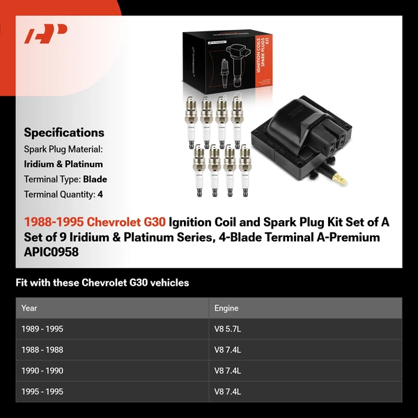 1988-1995 Chevrolet G30 Ignition Coil and Spark Plug Kit Set of A Set of 9 Iridium & Platinum Series, 4-Blade Terminal A-Premium APIC0958