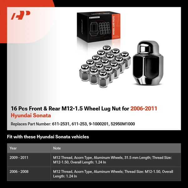 16 Pcs Front & Rear M12-1.5 Wheel Lug Nut for 2006-2011 Hyundai Sonata