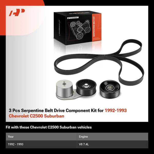 3 Pcs Serpentine Belt Drive Component Kit for 1992-1993 Chevrolet C2500 Suburban