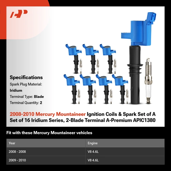 2008-2010 Mercury Mountaineer Ignition Coils & Spark Set of A Set of 16 Iridium Series, 2-Blade Terminal A-Premium APIC1380