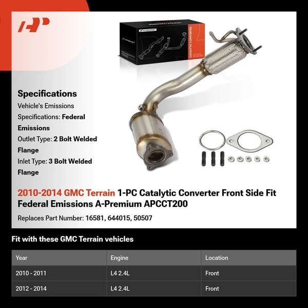 2010-2014 GMC Terrain 1-PC Catalytic Converter Front Side Fit Federal Emissions A-Premium APCCT200