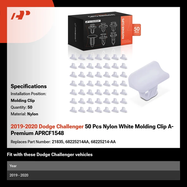 2019-2020 Dodge Challenger 50 Pcs Nylon White Molding Clip A-Premium APRCF1548