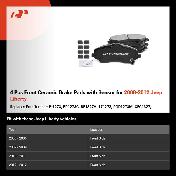 4 Pcs Front Ceramic Brake Pads with Sensor for 2008-2012 Jeep Liberty