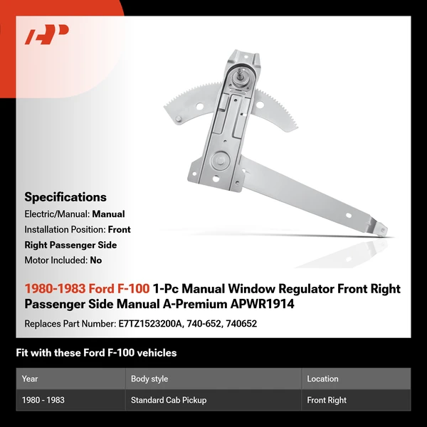 1980-1983 Ford F-100 1-Pc Manual Window Regulator Front Right Passenger Side Manual A-Premium APWR1914