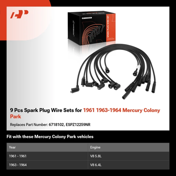 9 Pcs Spark Plug Wire Sets for 1961 1963-1964 Mercury Colony Park