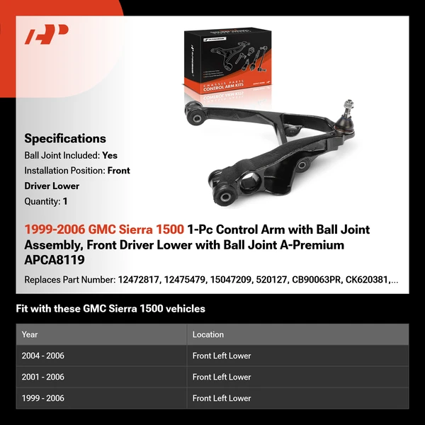 1999-2006 GMC Sierra 1500 1-Pc Control Arm with Ball Joint Assembly, Front Driver Lower with Ball Joint A-Premium APCA8119