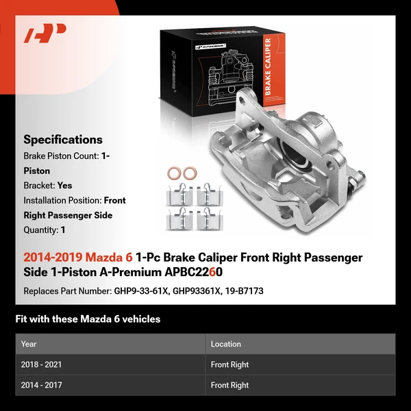 2014-2019 Mazda 6 1-Pc Brake Caliper Front Right Passenger Side 1-Piston A-Premium APBC2260