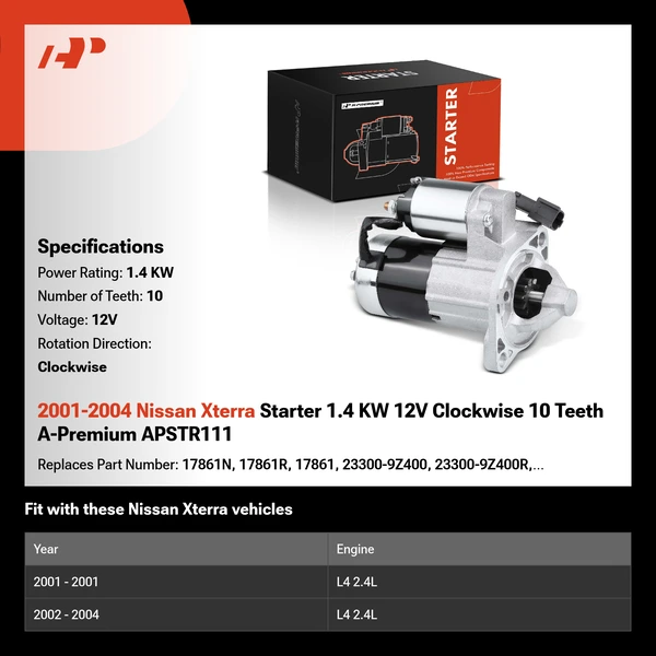 2001-2004 Nissan Xterra Starter 1.4 KW 12V Clockwise 10 Teeth A-Premium APSTR111