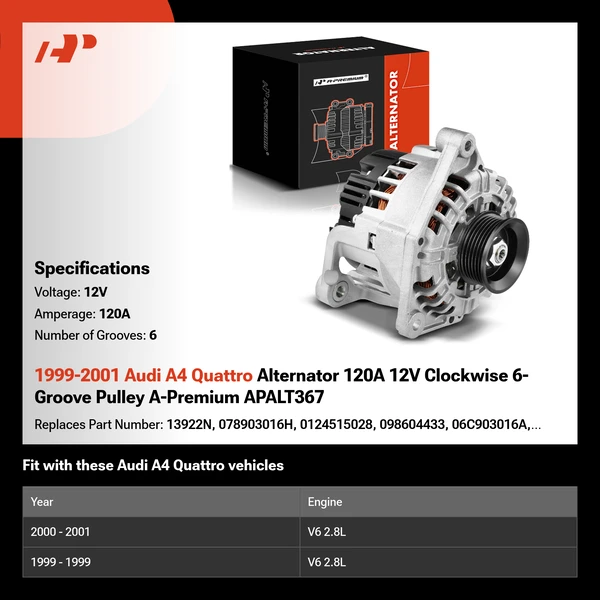 1999-2001 Audi A4 Quattro Alternator 120A 12V Clockwise 6-Groove Pulley A-Premium APALT367