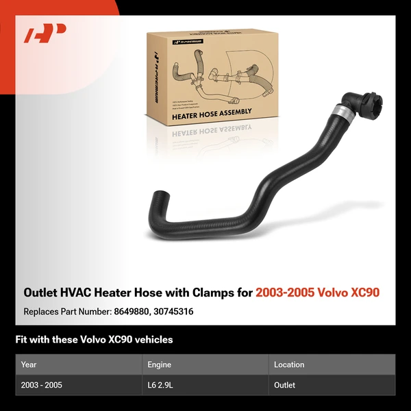 Outlet HVAC Heater Hose with Clamps for 2003-2005 Volvo XC90