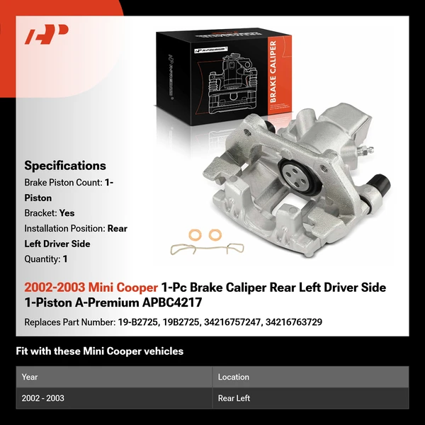 2002-2003 Mini Cooper 1-Pc Brake Caliper Rear Left Driver Side 1-Piston A-Premium APBC4217