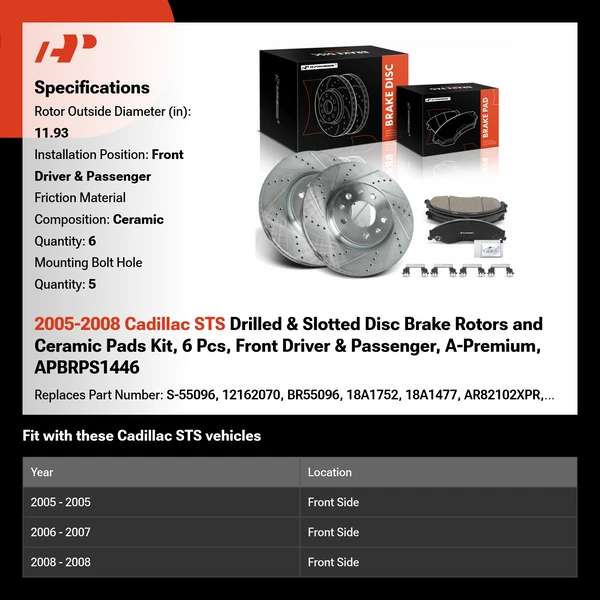 2005-2008 Cadillac STS Drilled & Slotted Disc Brake Rotors and Ceramic Pads Kit, 6 Pcs, Front Driver & Passenger, A-Premium, APBRPS1446