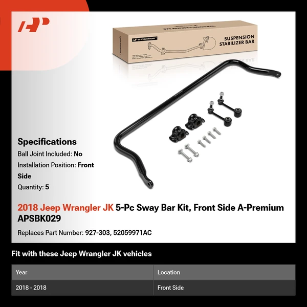 2018 Jeep Wrangler JK 5-Pc Sway Bar Kit, Front Side A-Premium APSBK029