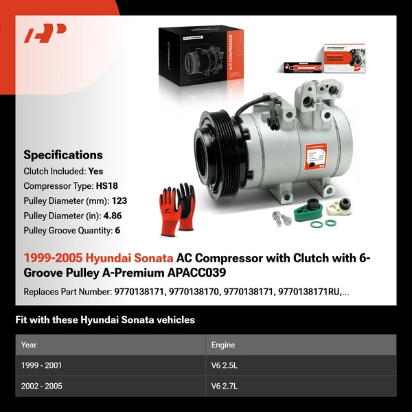 1999-2005 Hyundai Sonata AC Compressor with Clutch with 6-Groove Pulley A-Premium APACC039