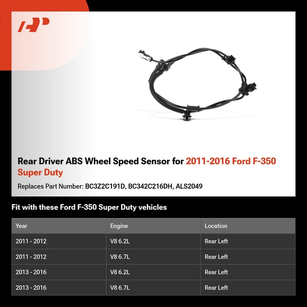 Rear Driver ABS Wheel Speed Sensor for 2011-2016 Ford F-350 Super Duty