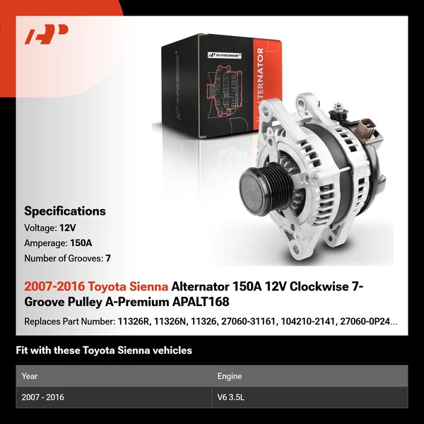 2007-2016 Toyota Sienna Alternator 150A 12V Clockwise 7-Groove Pulley A-Premium APALT168